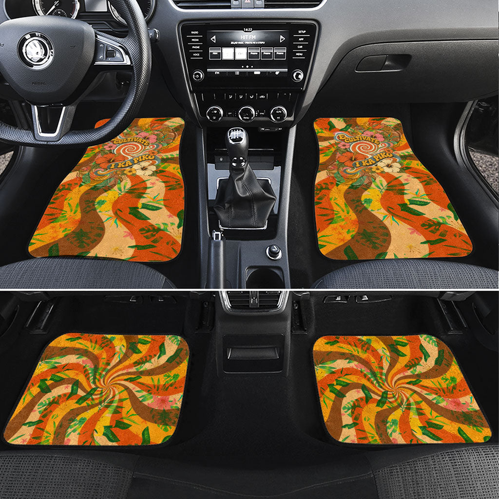 Hawaiian Piko Lani Cultivate I Ka Piko Aloha Car Mats Retro Psychedelic Taro Leaf - Hibiscus Flowers TS04 Set 4pcs Orange Green - Polynesian Pride