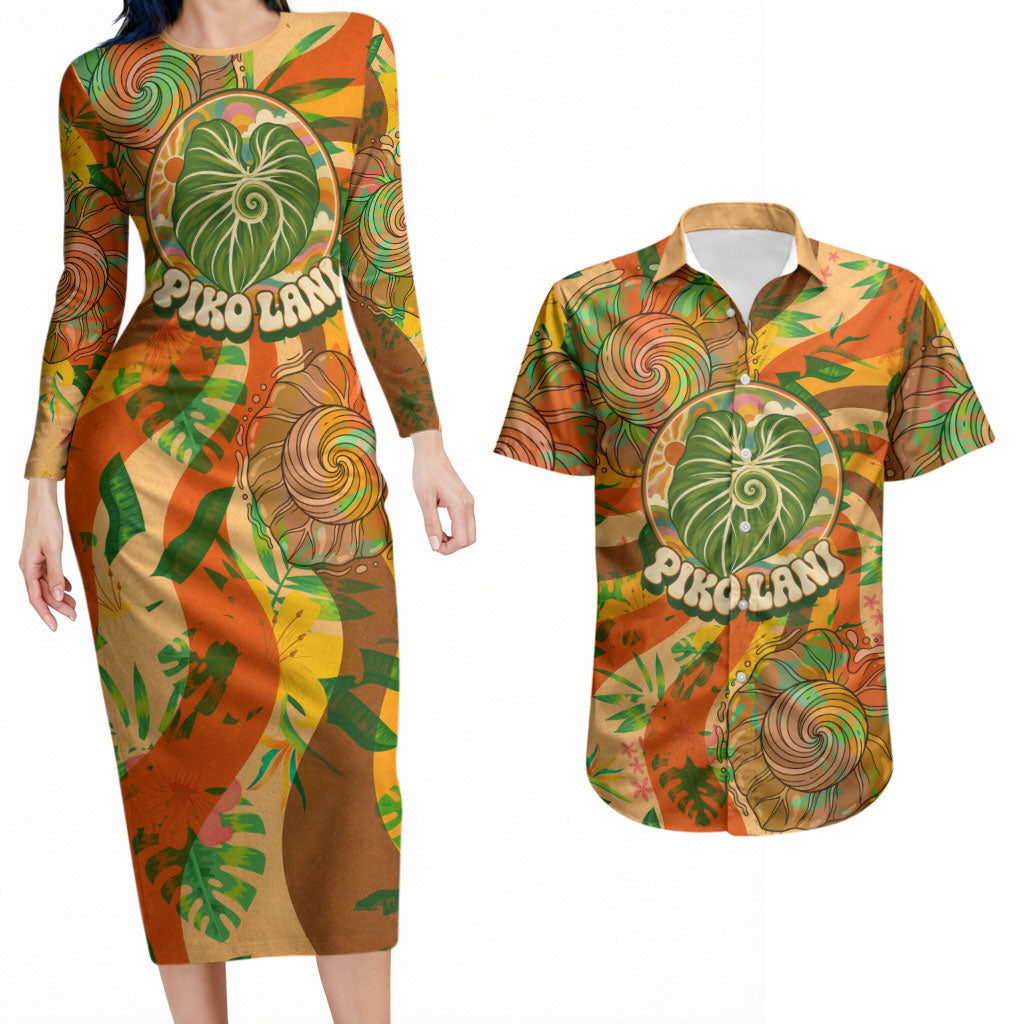 Hawaiian Piko Lani Cultivate I Ka Piko Aloha Couples Matching Long Sleeve Bodycon Dress and Hawaiian Shirt Retro Psychedelic Taro Leaf - Hibiscus Flowers TS04 Orange Green - Polynesian Pride
