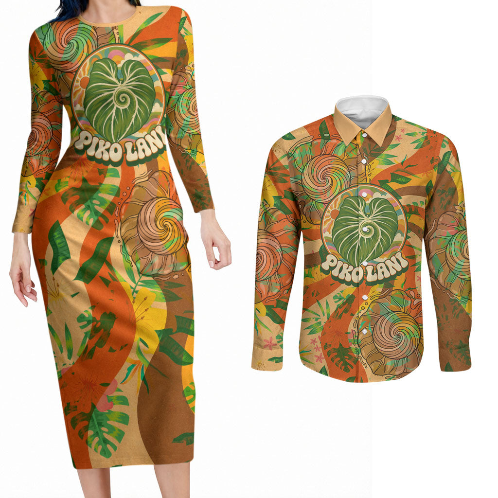 Hawaiian Piko Lani Cultivate I Ka Piko Aloha Couples Matching Long Sleeve Bodycon Dress and Long Sleeve Button Shirt Retro Psychedelic Taro Leaf - Hibiscus Flowers TS04 Orange Green - Polynesian Pride