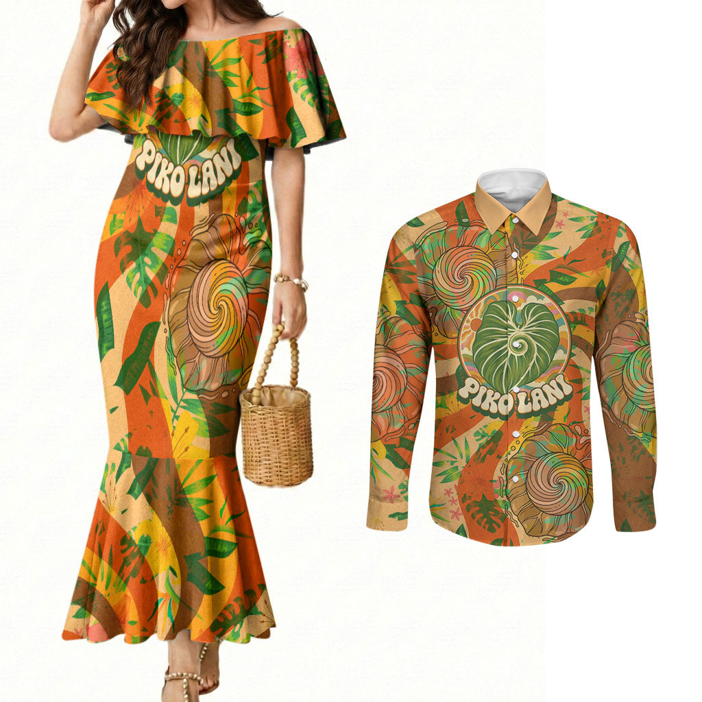 Hawaiian Piko Lani Cultivate I Ka Piko Aloha Couples Matching Mermaid Dress and Long Sleeve Button Shirt Retro Psychedelic Taro Leaf - Hibiscus Flowers TS04 Orange Green - Polynesian Pride