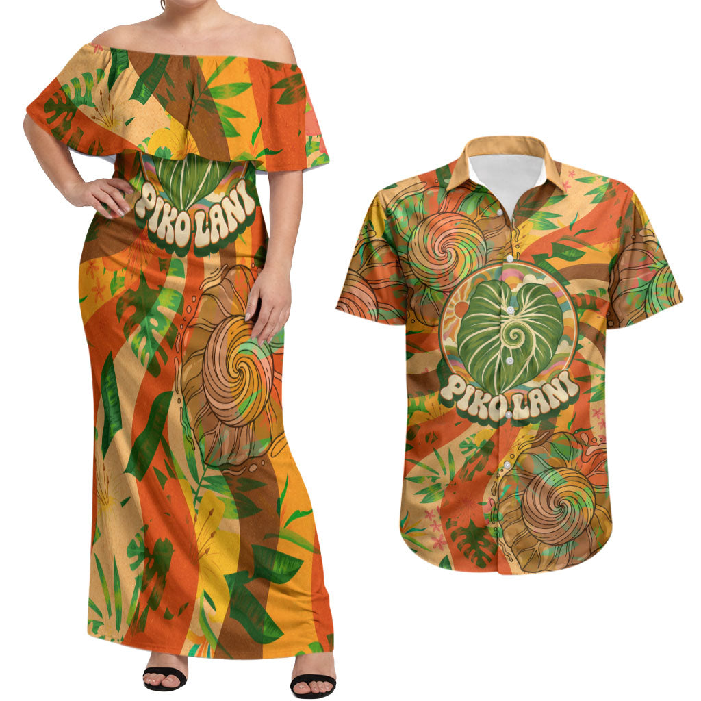 Hawaiian Piko Lani Cultivate I Ka Piko Aloha Couples Matching Off Shoulder Maxi Dress and Hawaiian Shirt Retro Psychedelic Taro Leaf - Hibiscus Flowers TS04 Orange Green - Polynesian Pride