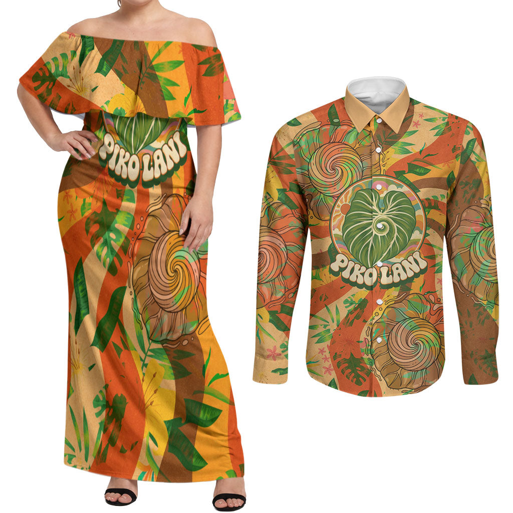 Hawaiian Piko Lani Cultivate I Ka Piko Aloha Couples Matching Off Shoulder Maxi Dress and Long Sleeve Button Shirt Retro Psychedelic Taro Leaf - Hibiscus Flowers TS04 Orange Green - Polynesian Pride