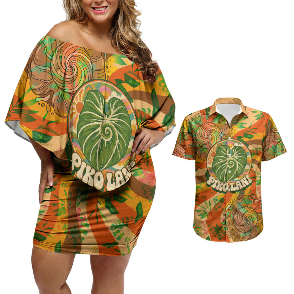 Hawaiian Piko Lani Cultivate I Ka Piko Aloha Couples Matching Off Shoulder Short Dress and Hawaiian Shirt Retro Psychedelic Taro Leaf - Hibiscus Flowers TS04 Orange Green - Polynesian Pride