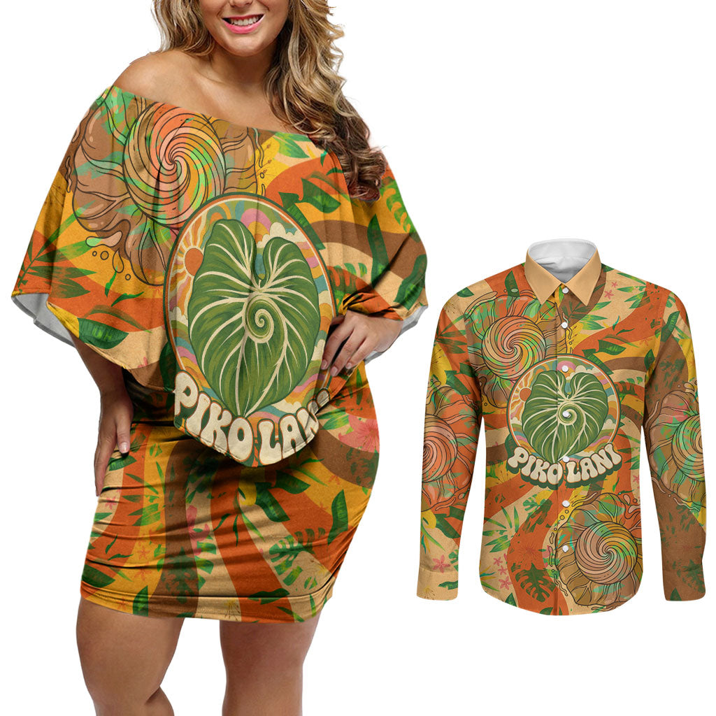 Hawaiian Piko Lani Cultivate I Ka Piko Aloha Couples Matching Off Shoulder Short Dress and Long Sleeve Button Shirt Retro Psychedelic Taro Leaf - Hibiscus Flowers TS04 Orange Green - Polynesian Pride