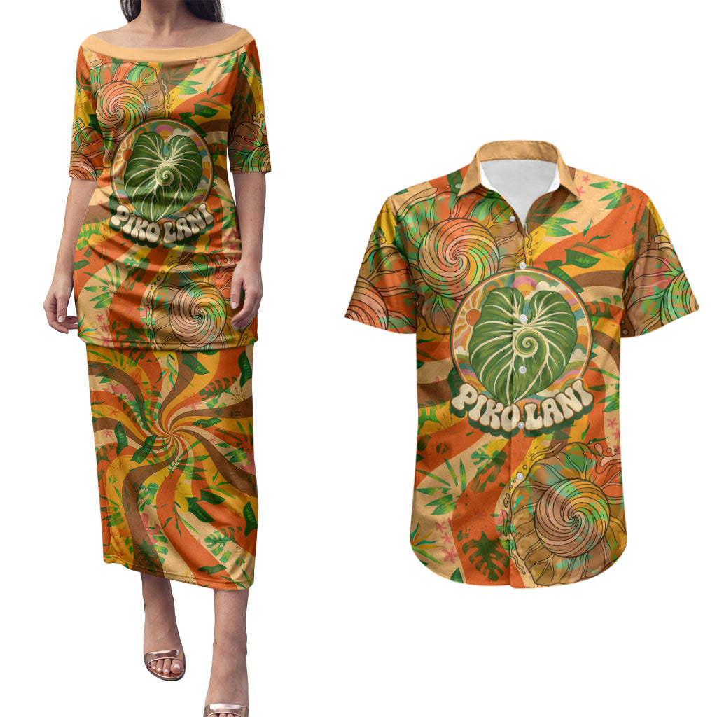 Hawaiian Piko Lani Cultivate I Ka Piko Aloha Couples Matching Puletasi and Hawaiian Shirt Retro Psychedelic Taro Leaf - Hibiscus Flowers TS04 Orange Green - Polynesian Pride