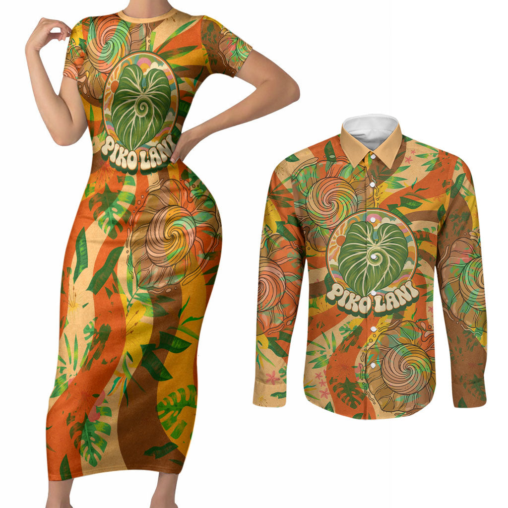 Hawaiian Piko Lani Cultivate I Ka Piko Aloha Couples Matching Short Sleeve Bodycon Dress and Long Sleeve Button Shirt Retro Psychedelic Taro Leaf - Hibiscus Flowers TS04 Orange Green - Polynesian Pride