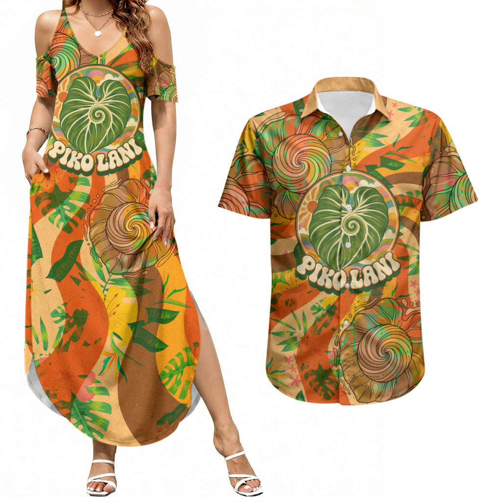 Hawaiian Piko Lani Cultivate I Ka Piko Aloha Couples Matching Summer Maxi Dress and Hawaiian Shirt Retro Psychedelic Taro Leaf - Hibiscus Flowers TS04 Orange Green - Polynesian Pride