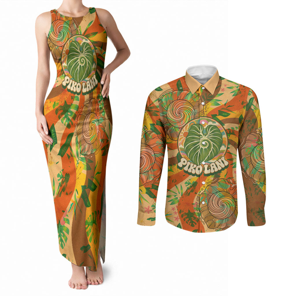 Hawaiian Piko Lani Cultivate I Ka Piko Aloha Couples Matching Tank Maxi Dress and Long Sleeve Button Shirt Retro Psychedelic Taro Leaf - Hibiscus Flowers TS04 Orange Green - Polynesian Pride