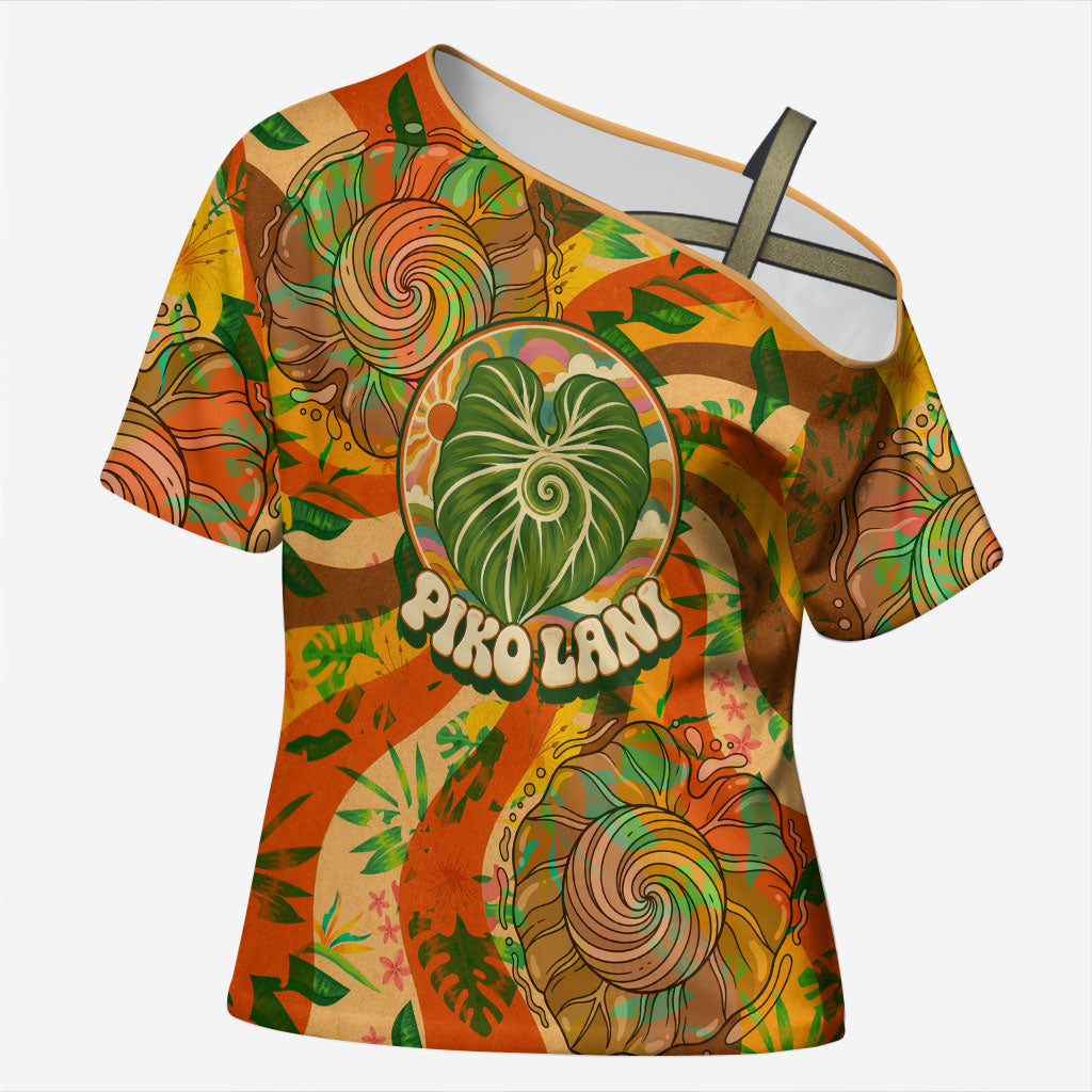 Hawaiian Piko Lani Cultivate I Ka Piko Aloha Cross Shoulder Shirt Retro Psychedelic Taro Leaf - Hibiscus Flowers TS04 Female Orange Green - Polynesian Pride