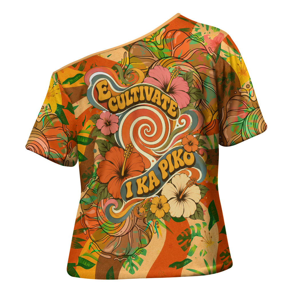 Hawaiian Piko Lani Cultivate I Ka Piko Aloha Cross Shoulder Shirt Retro Psychedelic Taro Leaf - Hibiscus Flowers TS04 - Polynesian Pride