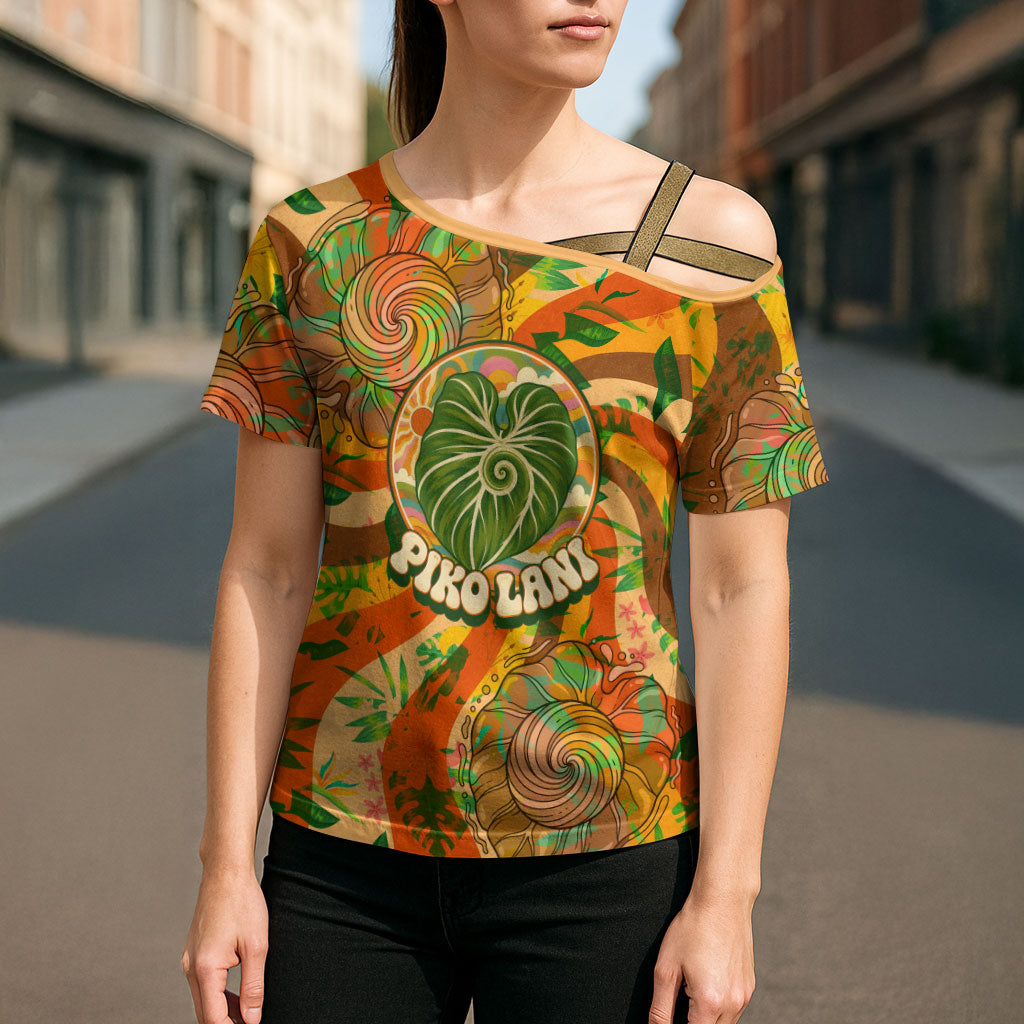 Hawaiian Piko Lani Cultivate I Ka Piko Aloha Cross Shoulder Shirt Retro Psychedelic Taro Leaf - Hibiscus Flowers TS04 - Polynesian Pride