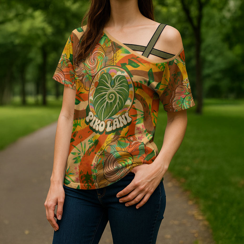Hawaiian Piko Lani Cultivate I Ka Piko Aloha Cross Shoulder Shirt Retro Psychedelic Taro Leaf - Hibiscus Flowers TS04 - Polynesian Pride