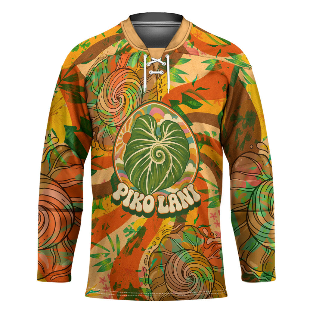 Hawaiian Piko Lani Cultivate I Ka Piko Aloha Hockey Jersey Retro Psychedelic Taro Leaf - Hibiscus Flowers TS04 Unisex Orange Green - Polynesian Pride