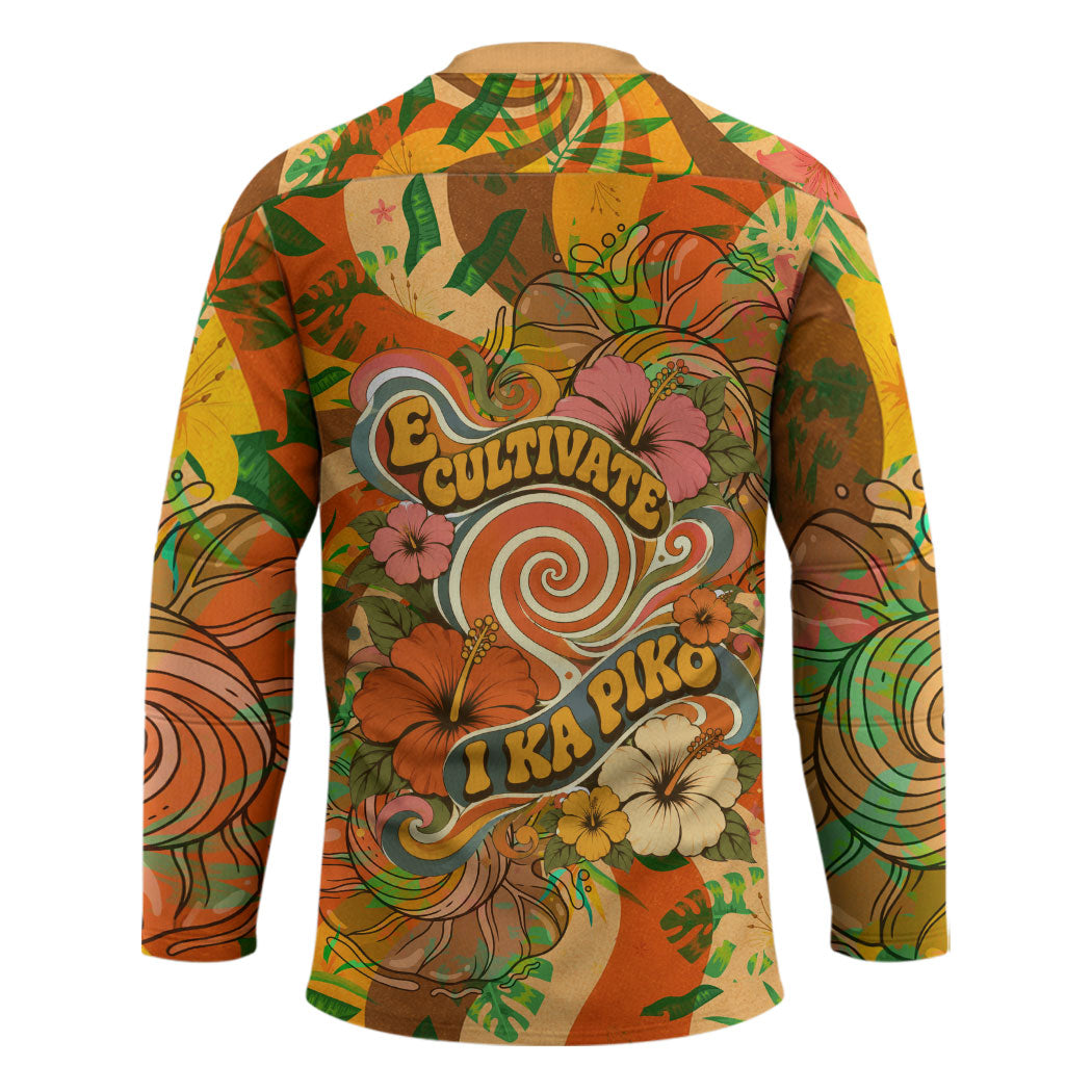 Hawaiian Piko Lani Cultivate I Ka Piko Aloha Hockey Jersey Retro Psychedelic Taro Leaf - Hibiscus Flowers TS04 - Polynesian Pride