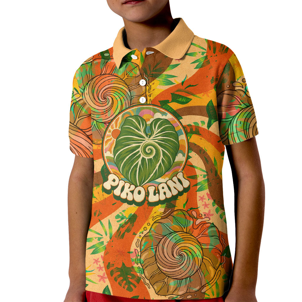 Hawaiian Piko Lani Cultivate I Ka Piko Aloha Kid Polo Shirt Retro Psychedelic Taro Leaf - Hibiscus Flowers TS04 Kid Orange Green - Polynesian Pride