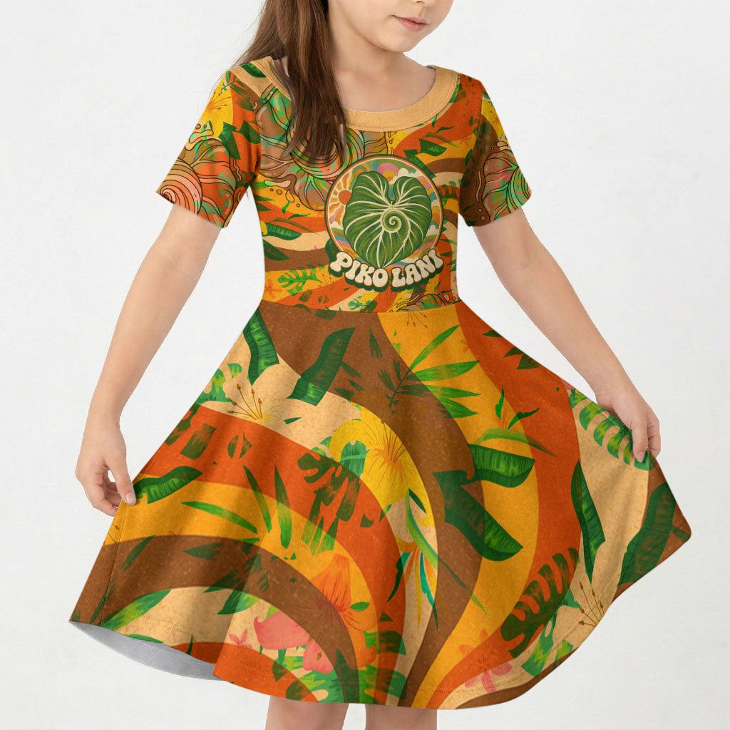 Hawaiian Piko Lani Cultivate I Ka Piko Aloha Kid Short Sleeve Dress Retro Psychedelic Taro Leaf - Hibiscus Flowers TS04 KID Orange Green - Polynesian Pride