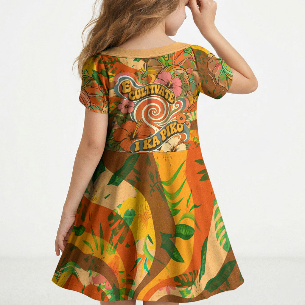 Hawaiian Piko Lani Cultivate I Ka Piko Aloha Kid Short Sleeve Dress Retro Psychedelic Taro Leaf - Hibiscus Flowers TS04 - Polynesian Pride
