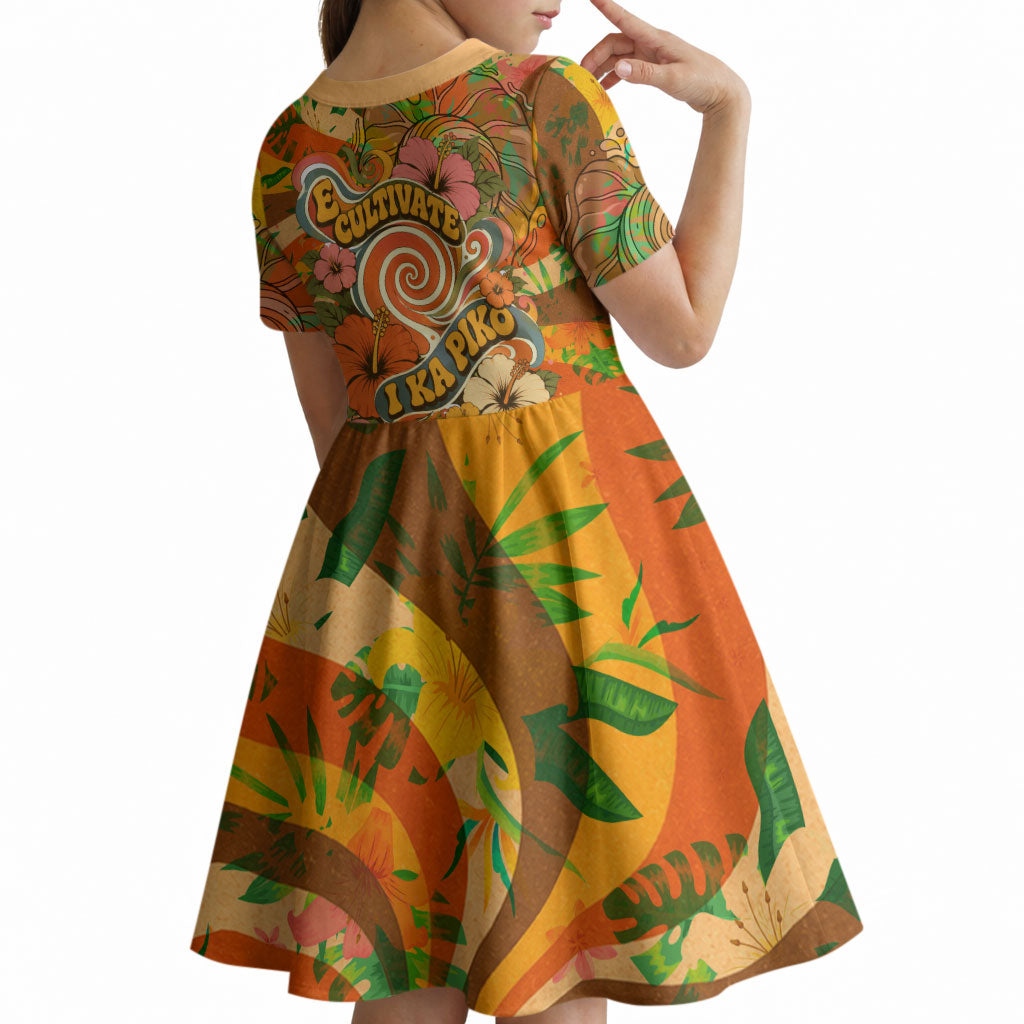 Hawaiian Piko Lani Cultivate I Ka Piko Aloha Kid Short Sleeve Dress Retro Psychedelic Taro Leaf - Hibiscus Flowers TS04 - Polynesian Pride