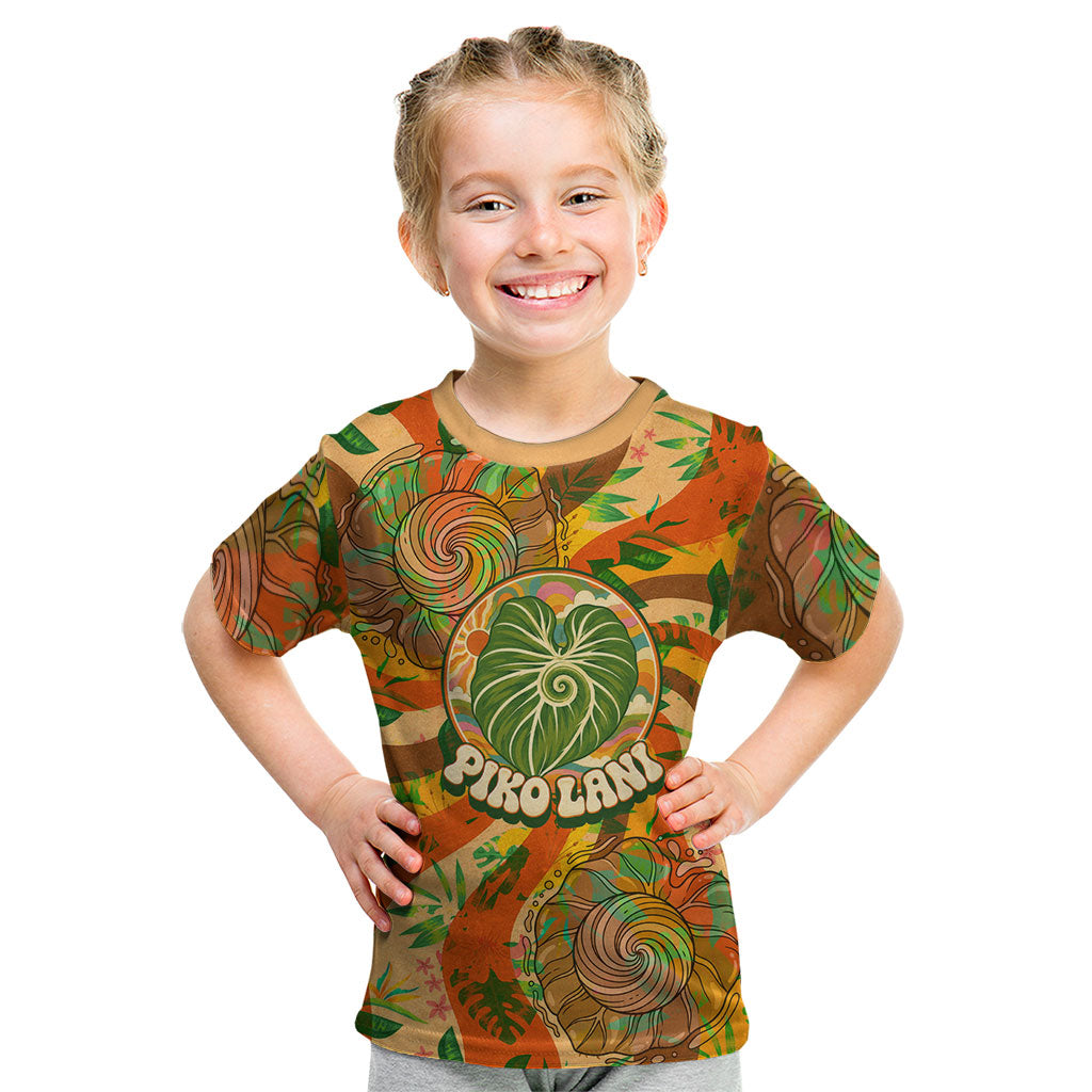 Hawaiian Piko Lani Cultivate I Ka Piko Aloha Kid T Shirt Retro Psychedelic Taro Leaf - Hibiscus Flowers TS04 Orange Green - Polynesian Pride