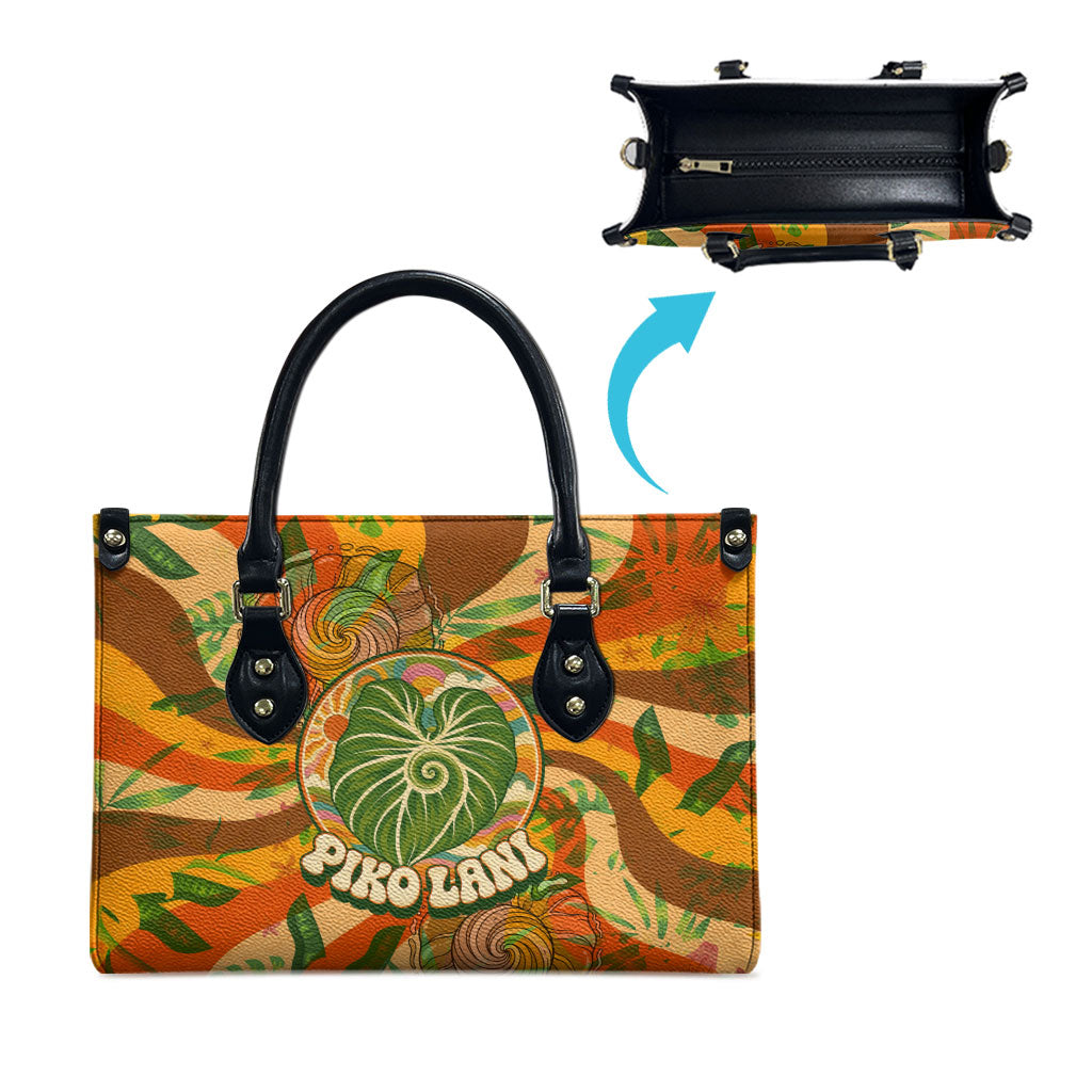 Hawaiian Piko Lani Cultivate I Ka Piko Aloha Leather Bag Retro Psychedelic Taro Leaf - Hibiscus Flowers TS04 - Polynesian Pride