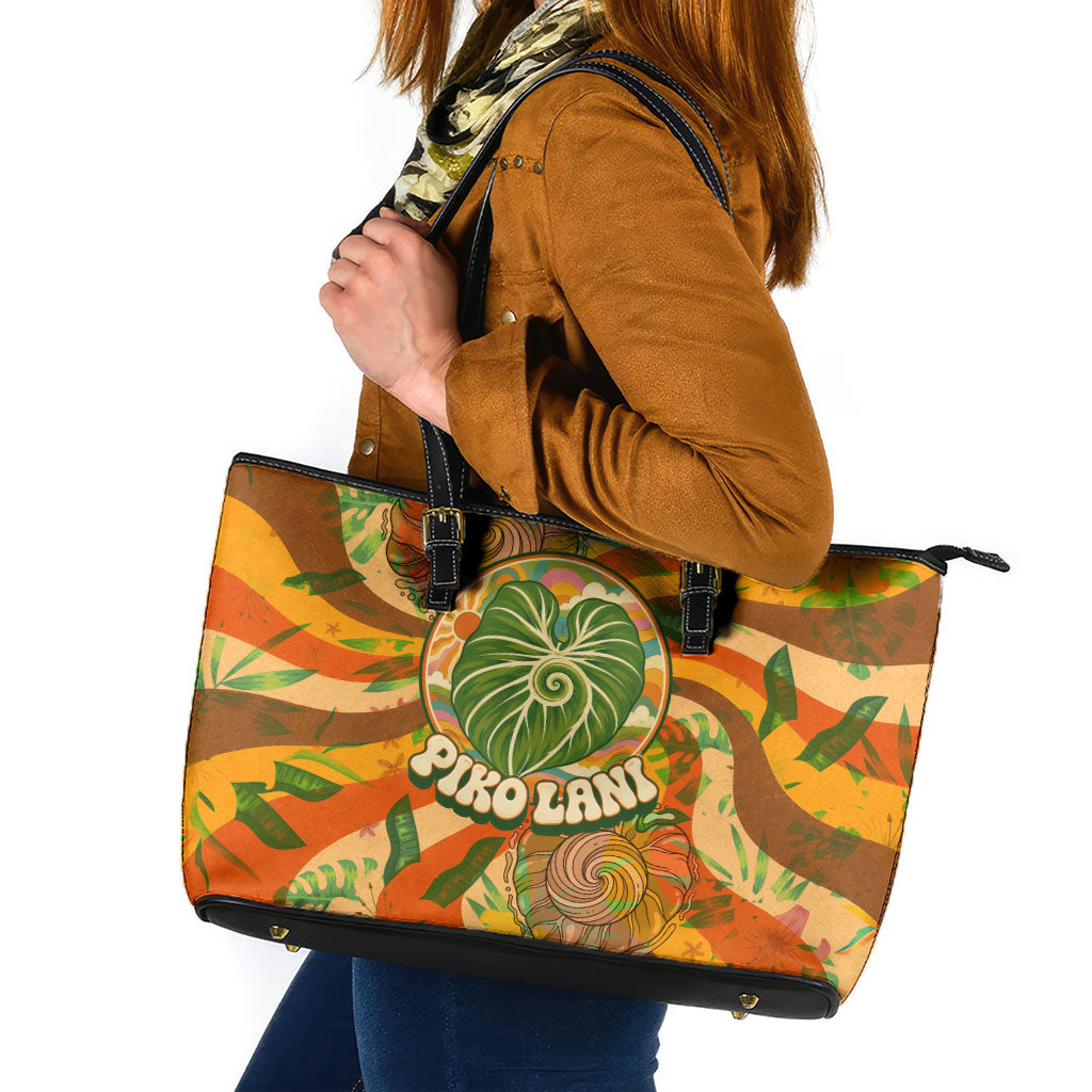 Hawaiian Piko Lani Cultivate I Ka Piko Aloha Leather Tote Bag Retro Psychedelic Taro Leaf - Hibiscus Flowers TS04 Orange Green - Polynesian Pride