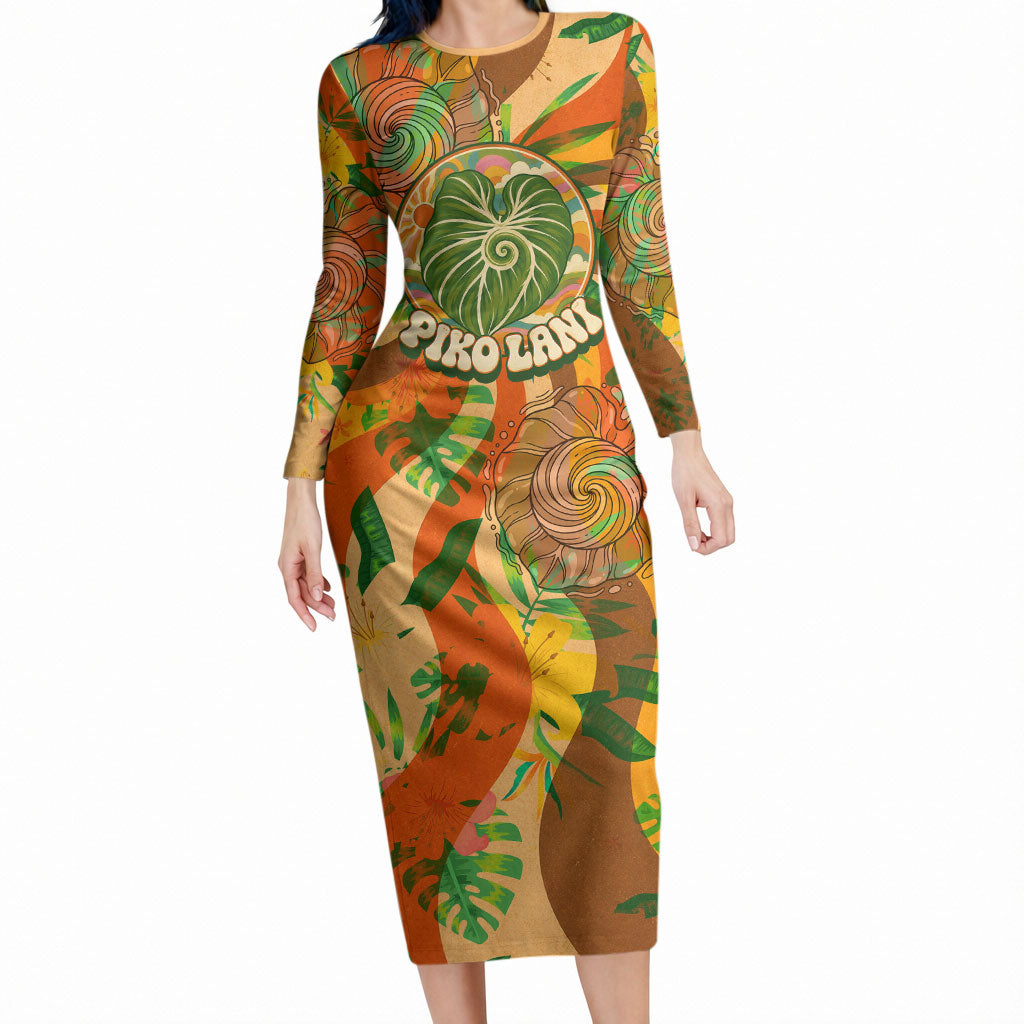 Hawaiian Piko Lani Cultivate I Ka Piko Aloha Long Sleeve Bodycon Dress Retro Psychedelic Taro Leaf - Hibiscus Flowers TS04 Long Dress Orange Green - Polynesian Pride