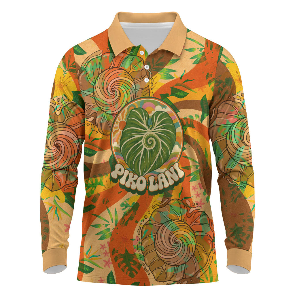 Hawaiian Piko Lani Cultivate I Ka Piko Aloha Long Sleeve Polo Shirt Retro Psychedelic Taro Leaf - Hibiscus Flowers TS04 Orange Green - Polynesian Pride