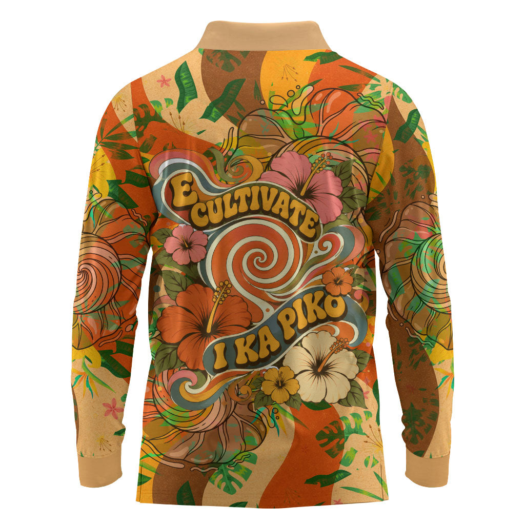 Hawaiian Piko Lani Cultivate I Ka Piko Aloha Long Sleeve Polo Shirt Retro Psychedelic Taro Leaf - Hibiscus Flowers TS04 - Polynesian Pride