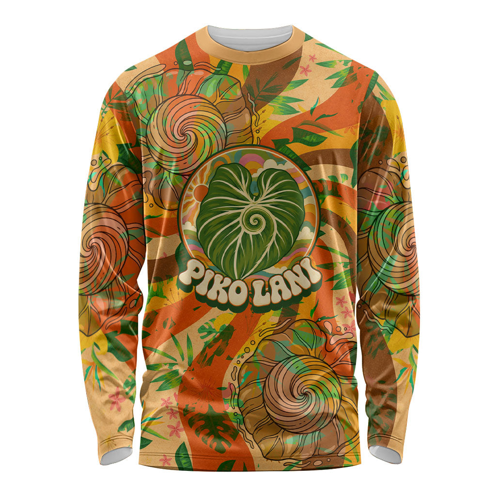 Hawaiian Piko Lani Cultivate I Ka Piko Aloha Long Sleeve Shirt Retro Psychedelic Taro Leaf - Hibiscus Flowers TS04 Unisex Orange Green - Polynesian Pride