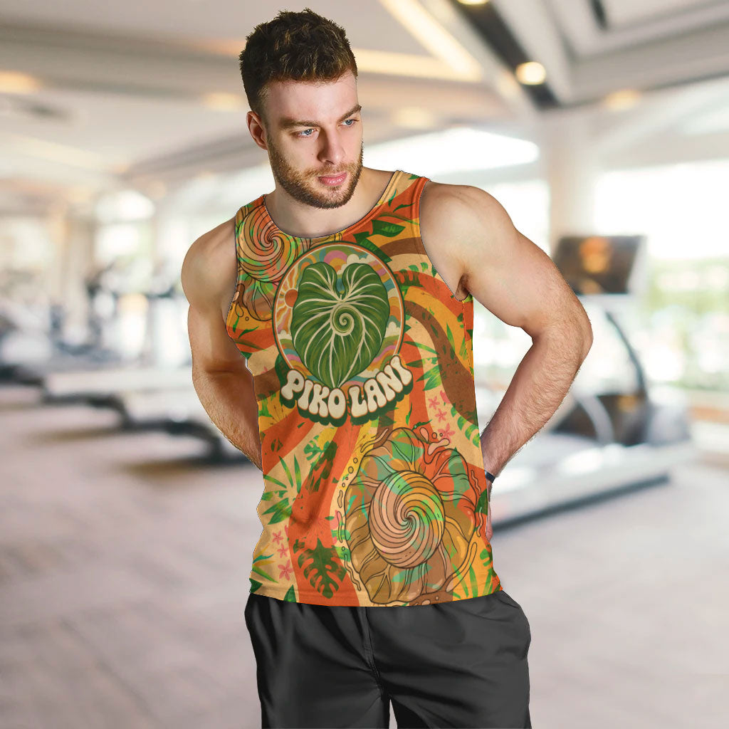 Hawaiian Piko Lani Cultivate I Ka Piko Aloha Men Tank Top Retro Psychedelic Taro Leaf - Hibiscus Flowers TS04 Orange Green - Polynesian Pride