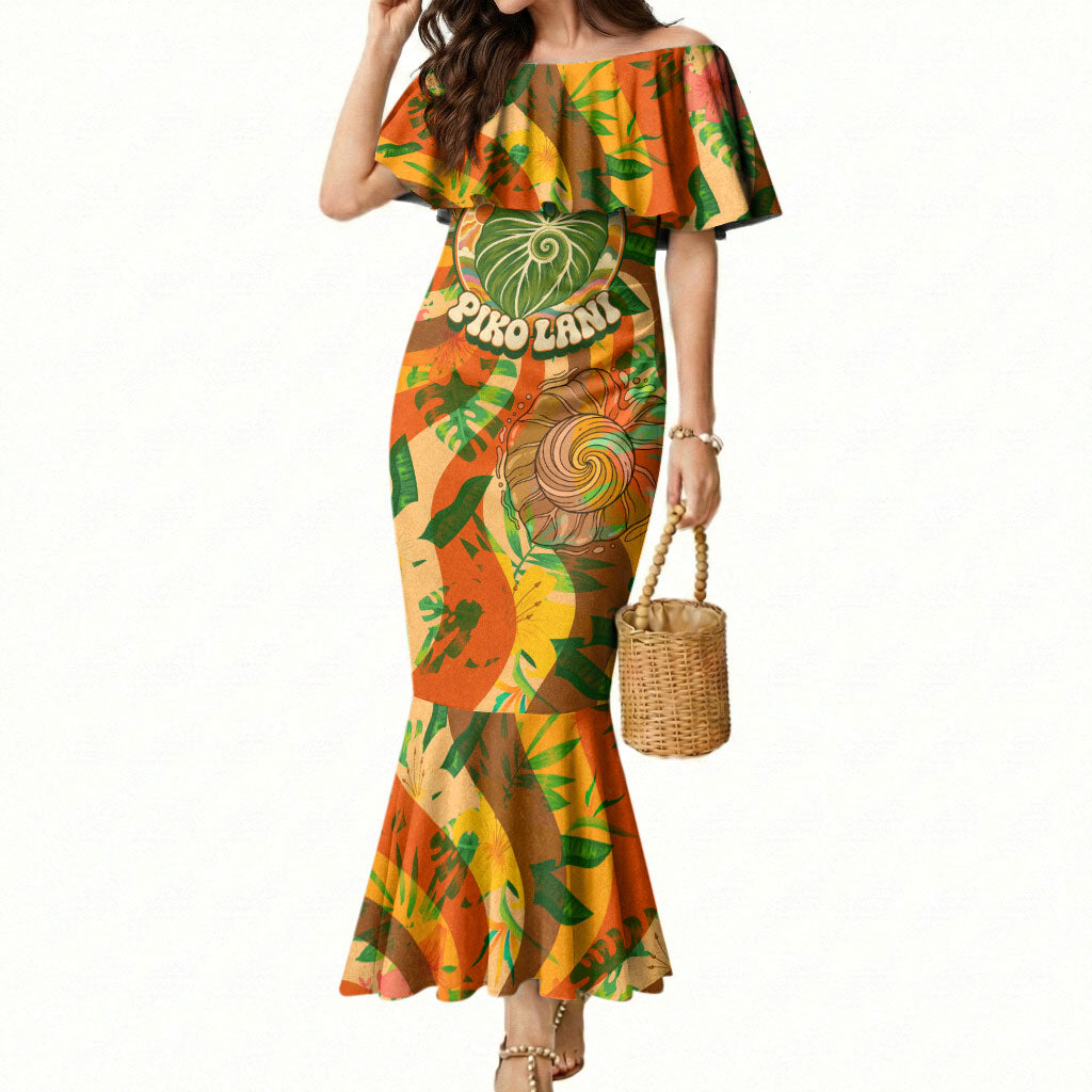Hawaiian Piko Lani Cultivate I Ka Piko Aloha Mermaid Dress Retro Psychedelic Taro Leaf - Hibiscus Flowers TS04 Women Orange Green - Polynesian Pride