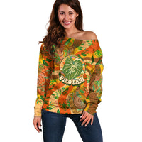 Hawaiian Piko Lani Cultivate I Ka Piko Aloha Off Shoulder Sweater Retro Psychedelic Taro Leaf - Hibiscus Flowers TS04 Women Orange Green - Polynesian Pride
