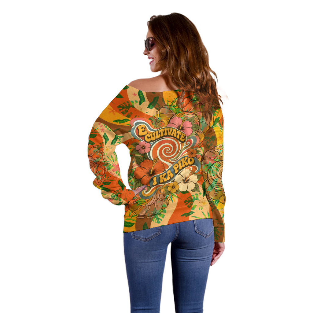 Hawaiian Piko Lani Cultivate I Ka Piko Aloha Off Shoulder Sweater Retro Psychedelic Taro Leaf - Hibiscus Flowers TS04 - Polynesian Pride