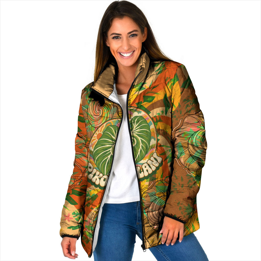 Hawaiian Piko Lani Cultivate I Ka Piko Aloha Padded Jacket Retro Psychedelic Taro Leaf - Hibiscus Flowers TS04 Women Orange Green - Polynesian Pride