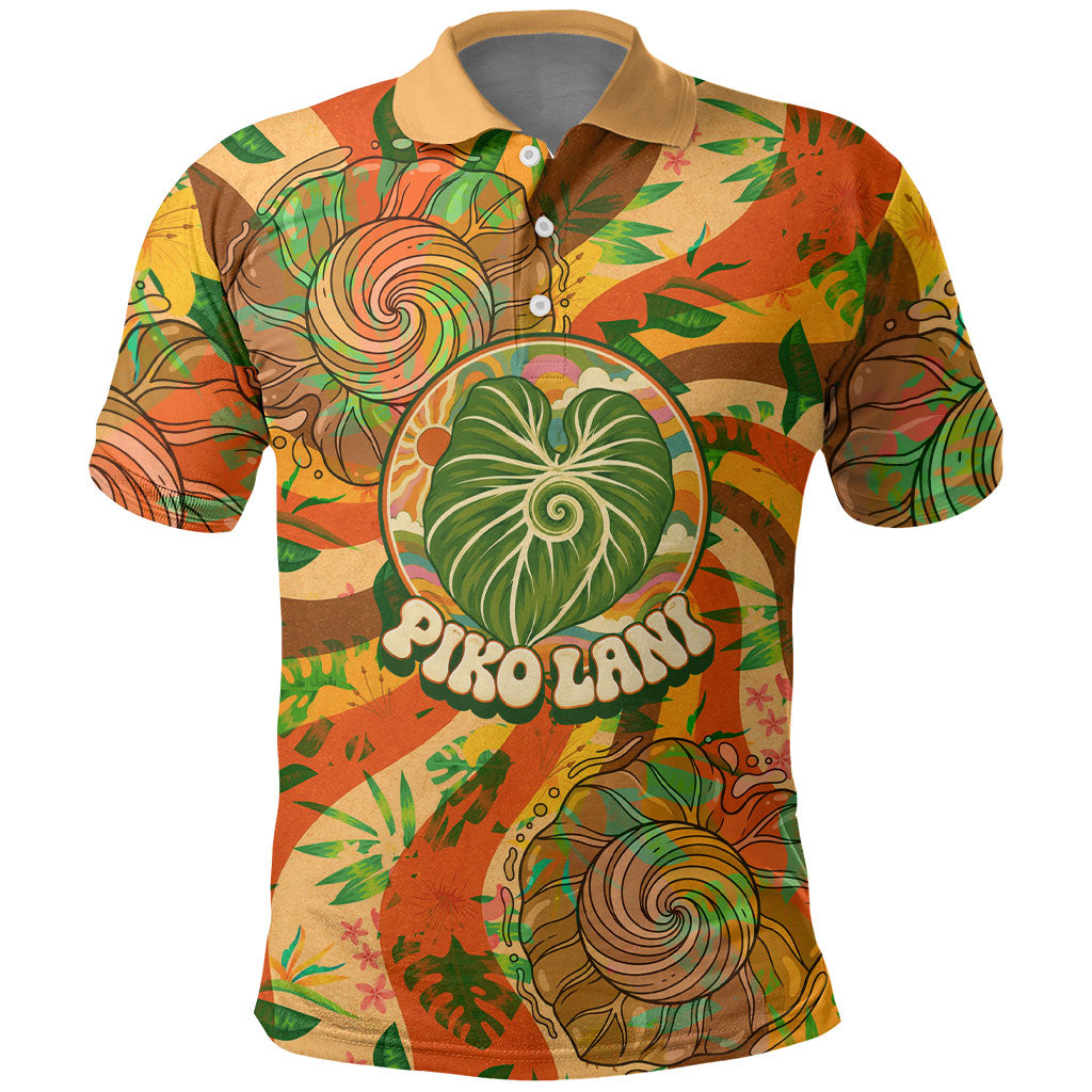 Hawaiian Piko Lani Cultivate I Ka Piko Aloha Polo Shirt Retro Psychedelic Taro Leaf - Hibiscus Flowers TS04 Orange Green - Polynesian Pride