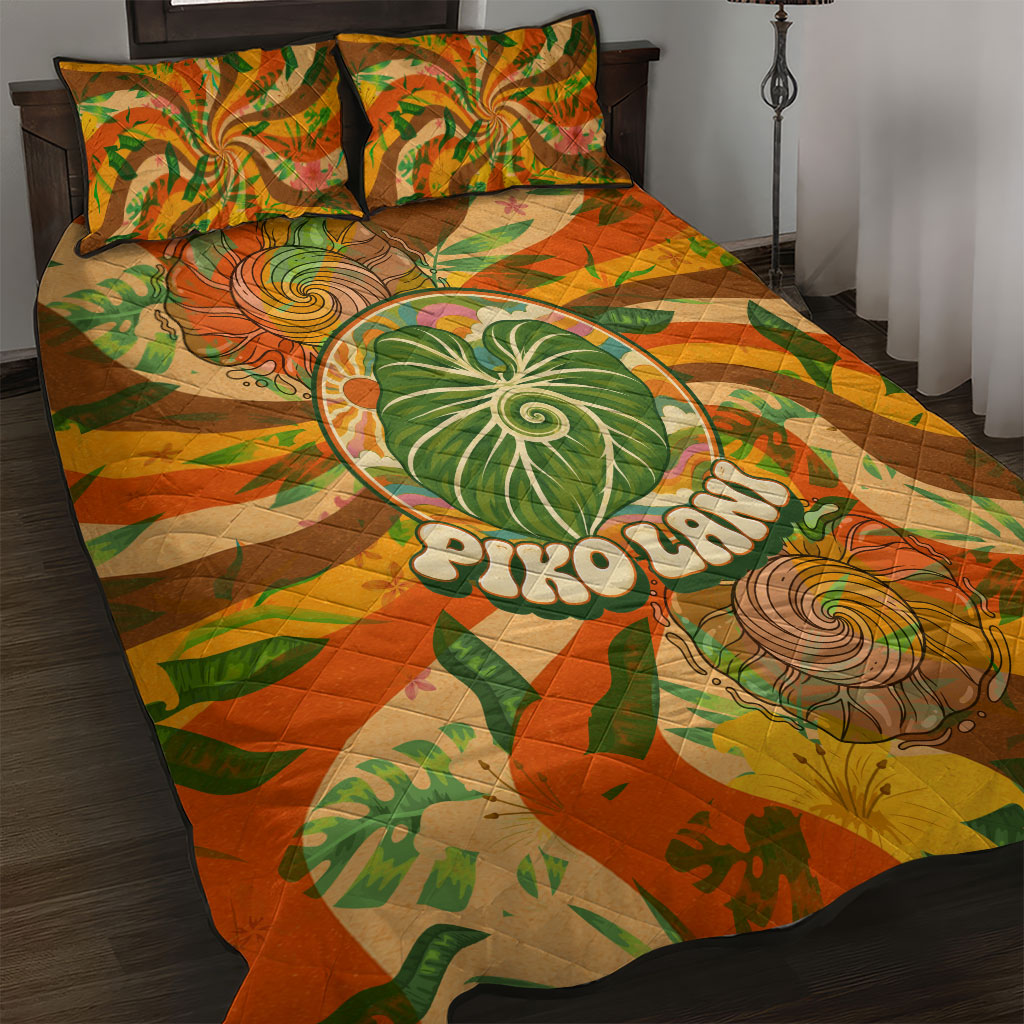 Hawaiian Piko Lani Cultivate I Ka Piko Aloha Quilt Bed Set Retro Psychedelic Taro Leaf - Hibiscus Flowers TS04 Orange Green - Polynesian Pride