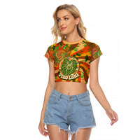 Hawaiian Piko Lani Cultivate I Ka Piko Aloha Raglan Cropped T Shirt Retro Psychedelic Taro Leaf - Hibiscus Flowers TS04 Female Orange Green - Polynesian Pride