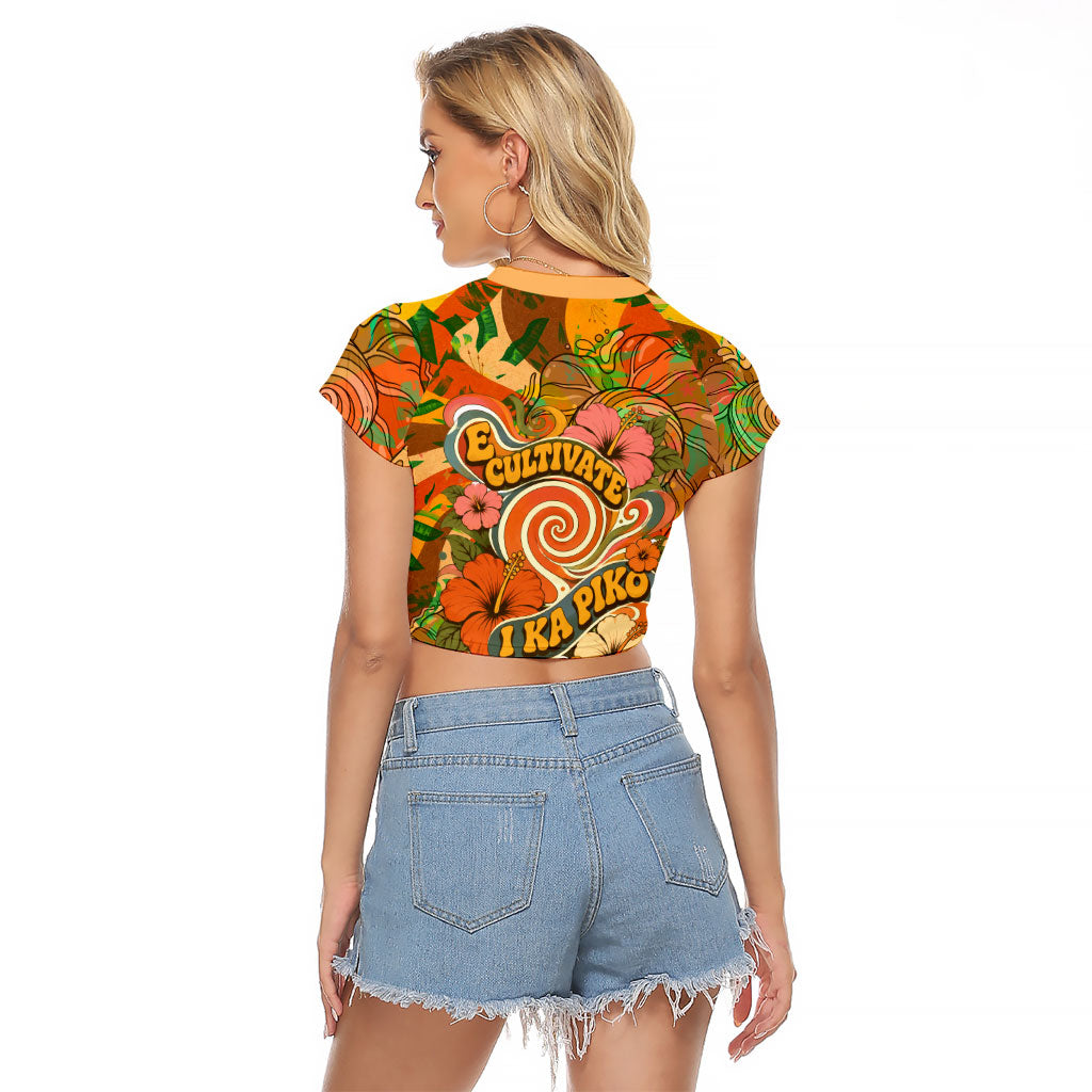 Hawaiian Piko Lani Cultivate I Ka Piko Aloha Raglan Cropped T Shirt Retro Psychedelic Taro Leaf - Hibiscus Flowers TS04 - Polynesian Pride