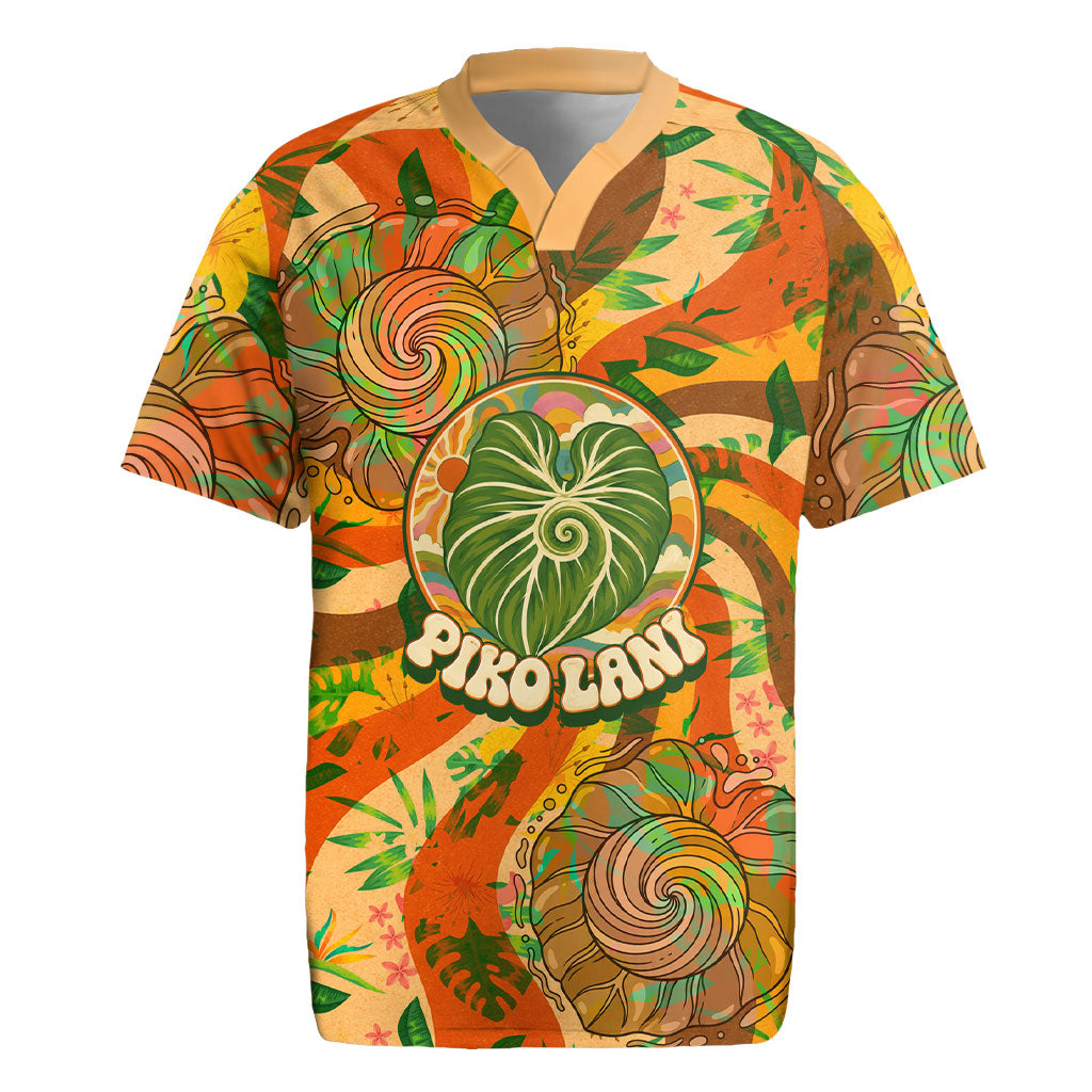 Hawaiian Piko Lani Cultivate I Ka Piko Aloha Rugby Jersey Retro Psychedelic Taro Leaf - Hibiscus Flowers TS04 Orange Green - Polynesian Pride