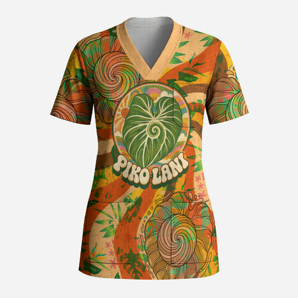 Hawaiian Piko Lani Cultivate I Ka Piko Aloha Scrub Top Retro Psychedelic Taro Leaf - Hibiscus Flowers TS04 Adult Orange Green - Polynesian Pride