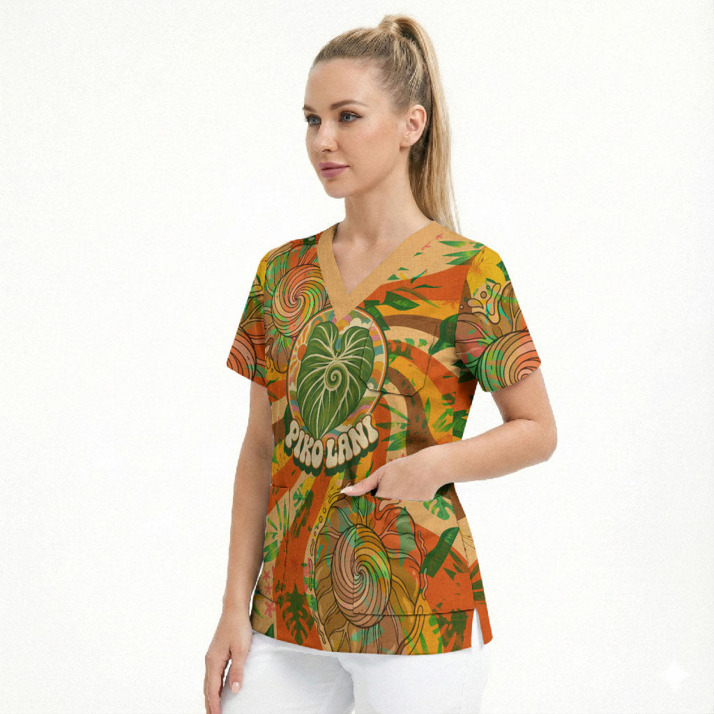 Hawaiian Piko Lani Cultivate I Ka Piko Aloha Scrub Top Retro Psychedelic Taro Leaf - Hibiscus Flowers TS04 - Polynesian Pride