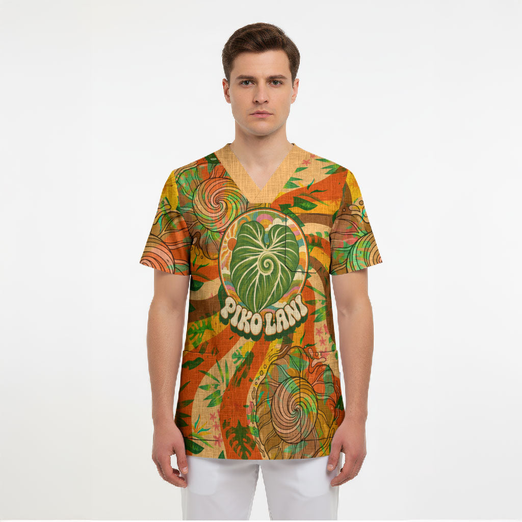 Hawaiian Piko Lani Cultivate I Ka Piko Aloha Scrub Top Retro Psychedelic Taro Leaf - Hibiscus Flowers TS04 - Polynesian Pride