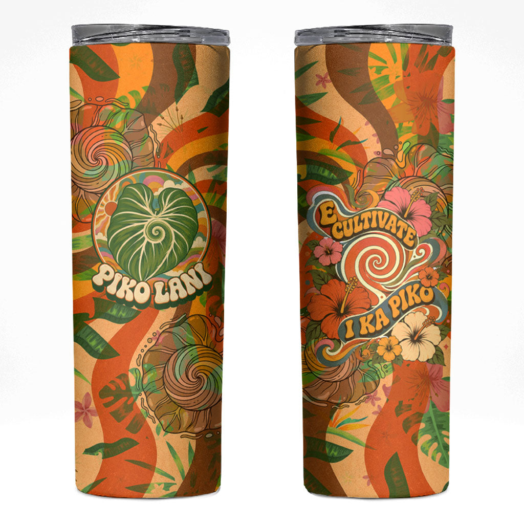 Hawaiian Piko Lani Cultivate I Ka Piko Aloha Skinny Tumbler Retro Psychedelic Taro Leaf - Hibiscus Flowers TS04 Orange Green - Polynesian Pride