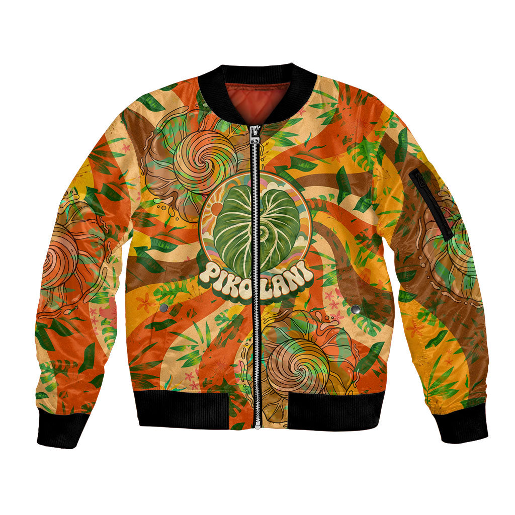 Hawaiian Piko Lani Cultivate I Ka Piko Aloha Sleeve Zip Bomber Jacket Retro Psychedelic Taro Leaf - Hibiscus Flowers TS04 Unisex Orange Green - Polynesian Pride