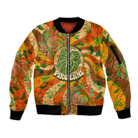 Hawaiian Piko Lani Cultivate I Ka Piko Aloha Sleeve Zip Bomber Jacket Retro Psychedelic Taro Leaf - Hibiscus Flowers TS04 Unisex Orange Green - Polynesian Pride