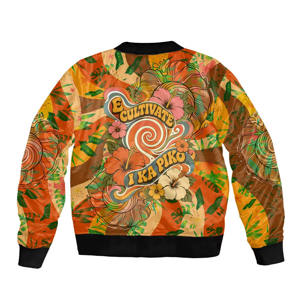 Hawaiian Piko Lani Cultivate I Ka Piko Aloha Sleeve Zip Bomber Jacket Retro Psychedelic Taro Leaf - Hibiscus Flowers TS04 - Polynesian Pride