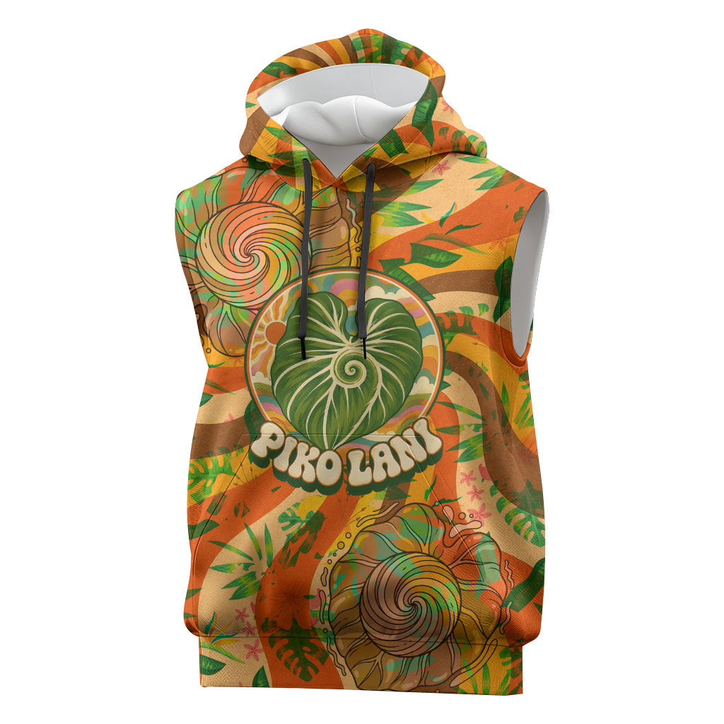 Hawaiian Piko Lani Cultivate I Ka Piko Aloha Sleeveless Hoodie Retro Psychedelic Taro Leaf - Hibiscus Flowers TS04 Orange Green - Polynesian Pride