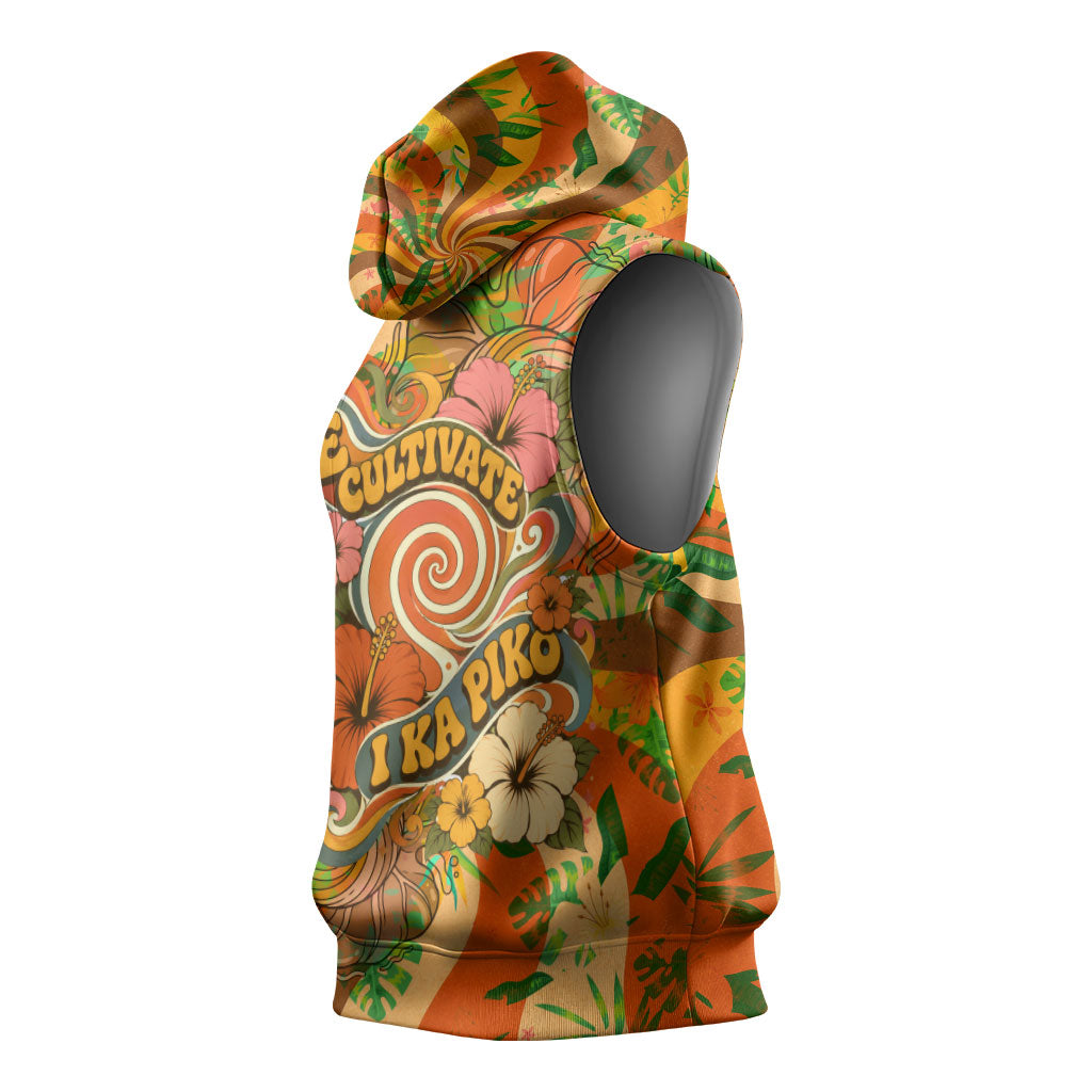 Hawaiian Piko Lani Cultivate I Ka Piko Aloha Sleeveless Hoodie Retro Psychedelic Taro Leaf - Hibiscus Flowers TS04 - Polynesian Pride