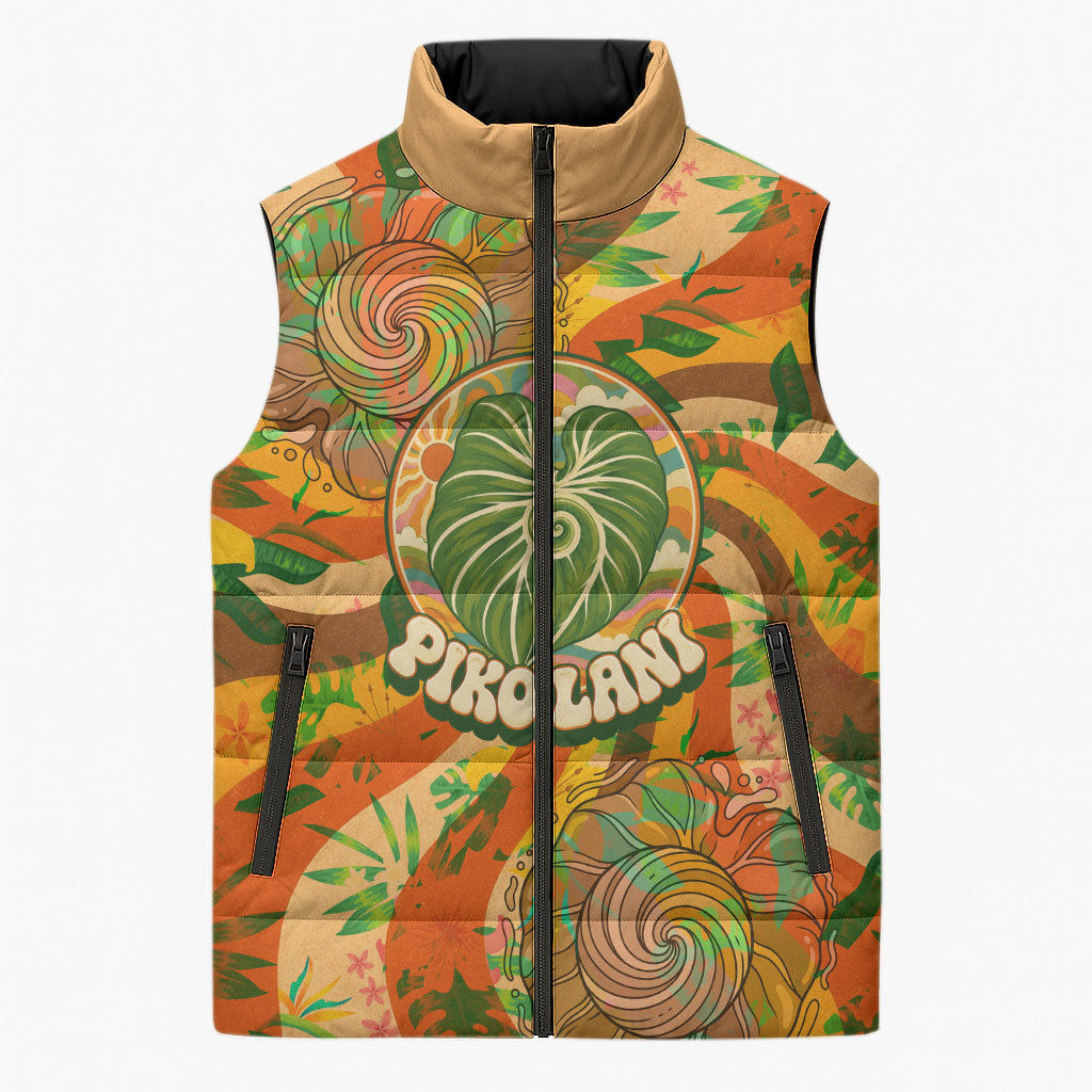 Hawaiian Piko Lani Cultivate I Ka Piko Aloha Sleeveless Puffer Jacket Retro Psychedelic Taro Leaf - Hibiscus Flowers TS04 Unisex Orange Green - Polynesian Pride