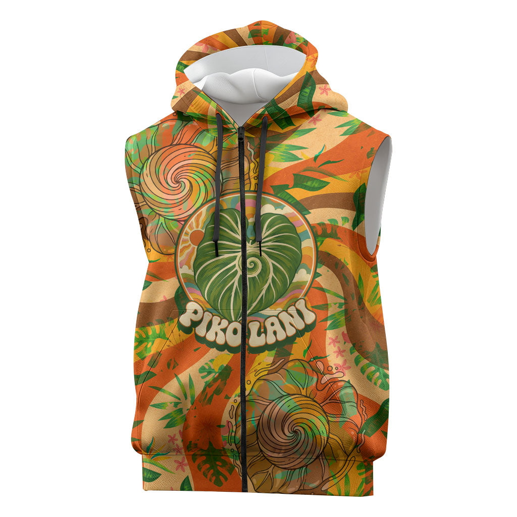 Hawaiian Piko Lani Cultivate I Ka Piko Aloha Sleeveless Zip Hoodie Retro Psychedelic Taro Leaf - Hibiscus Flowers TS04 Orange Green - Polynesian Pride